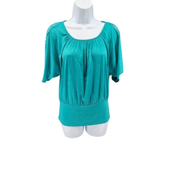 BCX VTG Y2K Women's Blouse Satiny Teal Size small Cinched waist lace sleeve - Picture 1 of 8